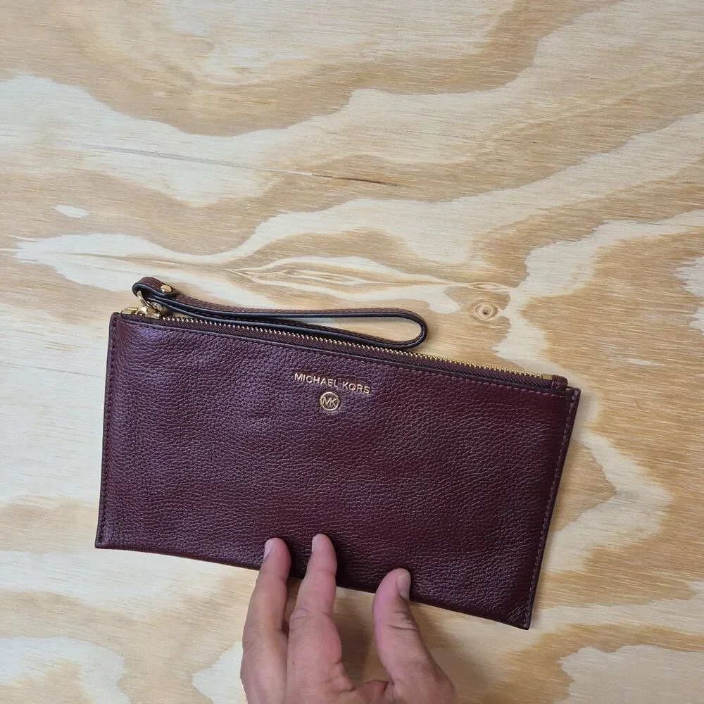 MICHAEL Michael Kors Large Flat Wristlet Clutch Merlot Burgundy Pebbled Leather